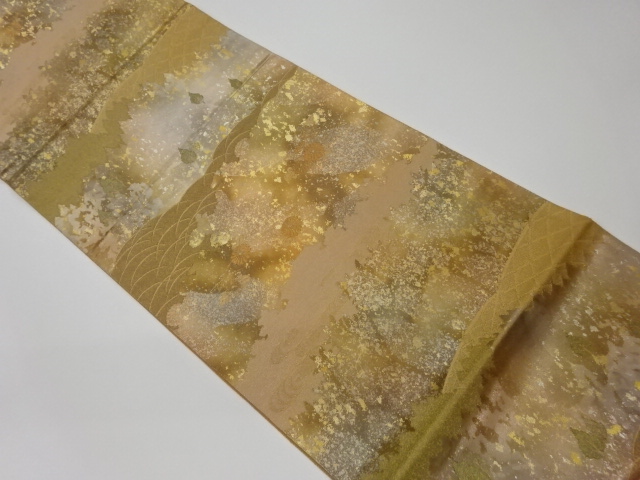 リサイクル　引箔木々に菊・蛇籠模様織出し袋帯